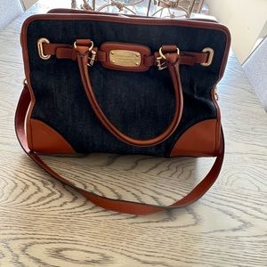 Michael Kors denim and brown leather satchel purse